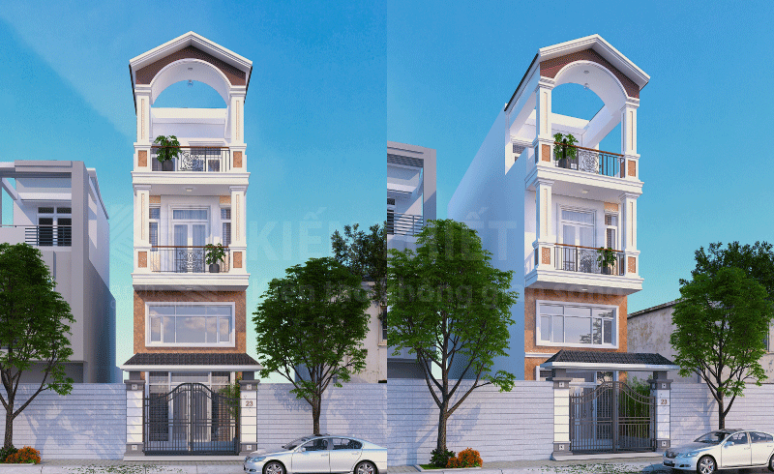 Thiết kế nhà phố 1 trệt 1 lửng 2 lầu tân cổ điển
