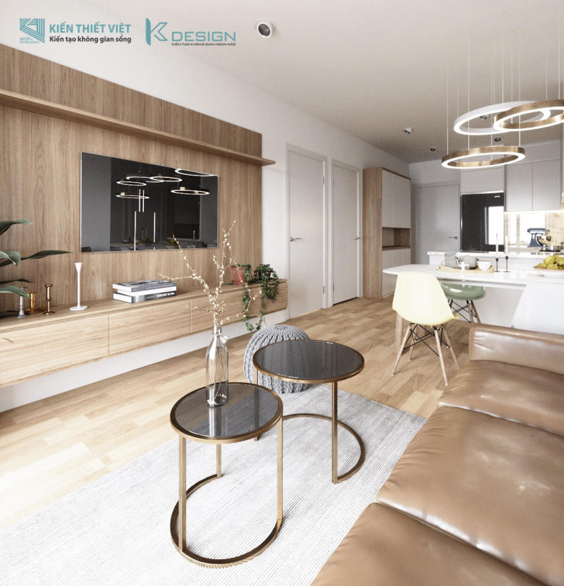 Mẫu thiết kế phòng khách sang trọng với nội thất gỗ cho căn hộ
