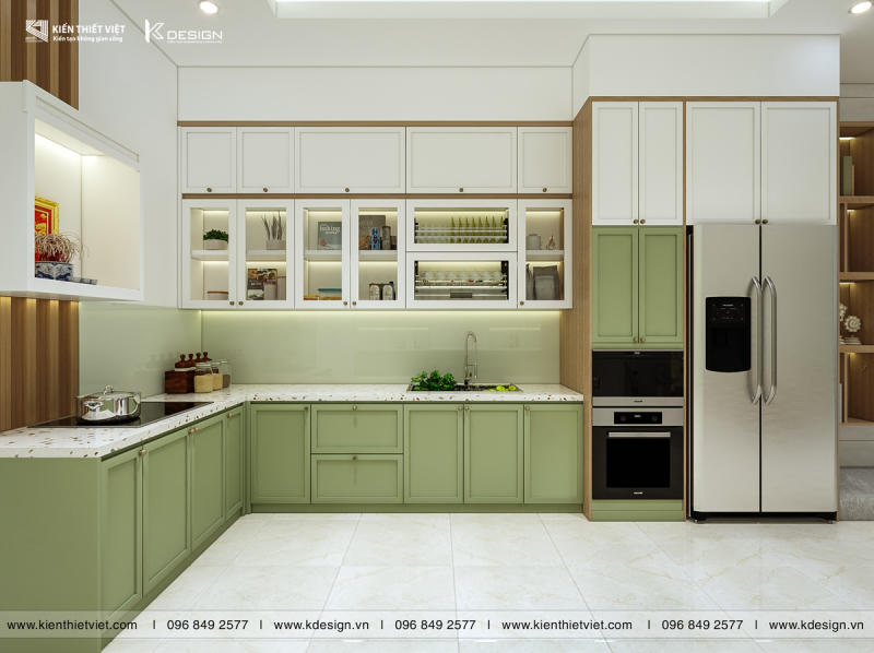 Phòng bếp đẹp màu xanh lá dành cho gia chủ yêu thích màu sắc của thiên nhiên và thể hiện cá tính của bản thân