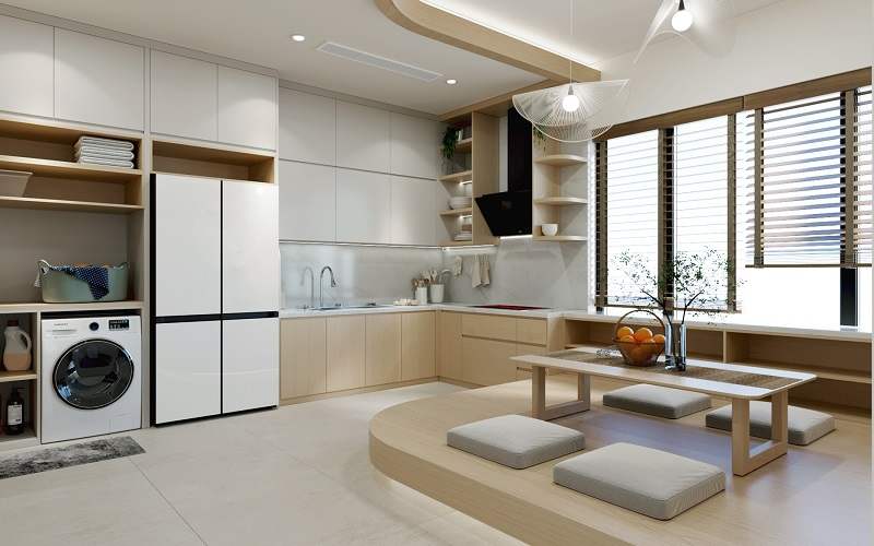 Biệt Thự Nhà Vườn 400m2: Không Gian Rộng Rãi Và Đẳng Cấp 3 khu vuc nha bep lien voi phong khach