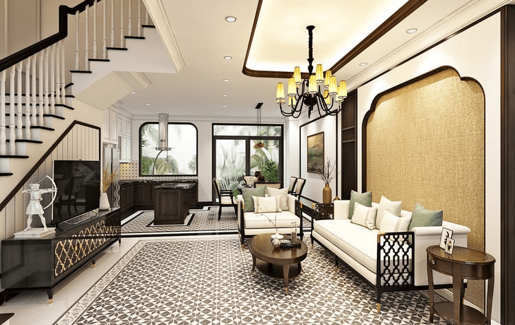 Các mẫu nhà phố Indochine đẹp, sang trọng, hiện đại nhất 2024 3 kien truc nha pho indochine thuong dung cac gam mau trung tinh