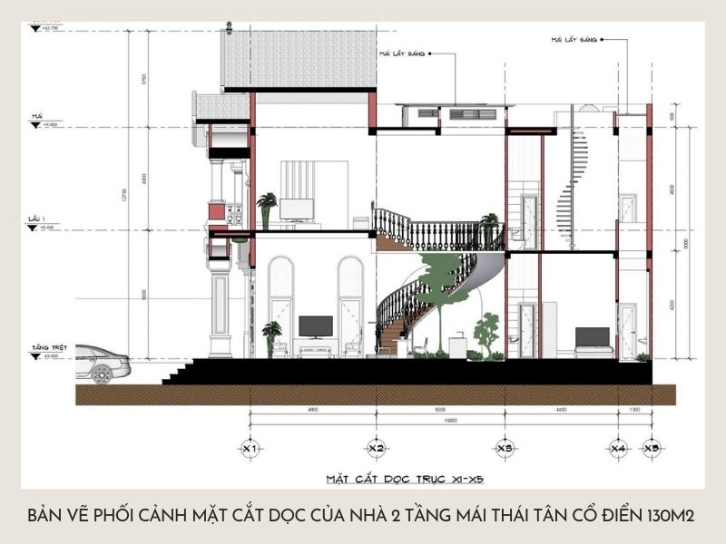 Mặt Cắt Nhà 2 Tầng - Phân Chia Không Gian Hoàn Hảo 5 mat cat nay the hien duoc su ket hop hai hoa giua yeu to truyen thong va hien dai dam bao vua thoai mai ve khong gian song vua giu duoc net dep kien truc co dien