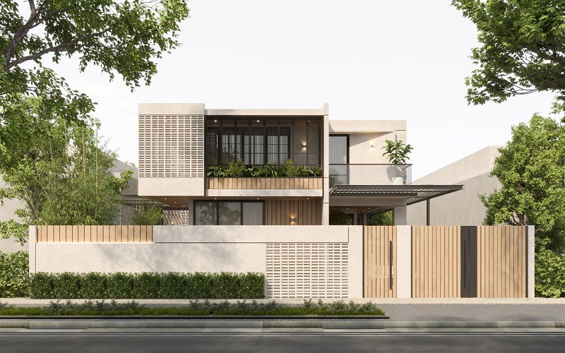 Nhà 2 tầng hiện đại: sự kết hợp tinh tế giữa gỗ và kính
