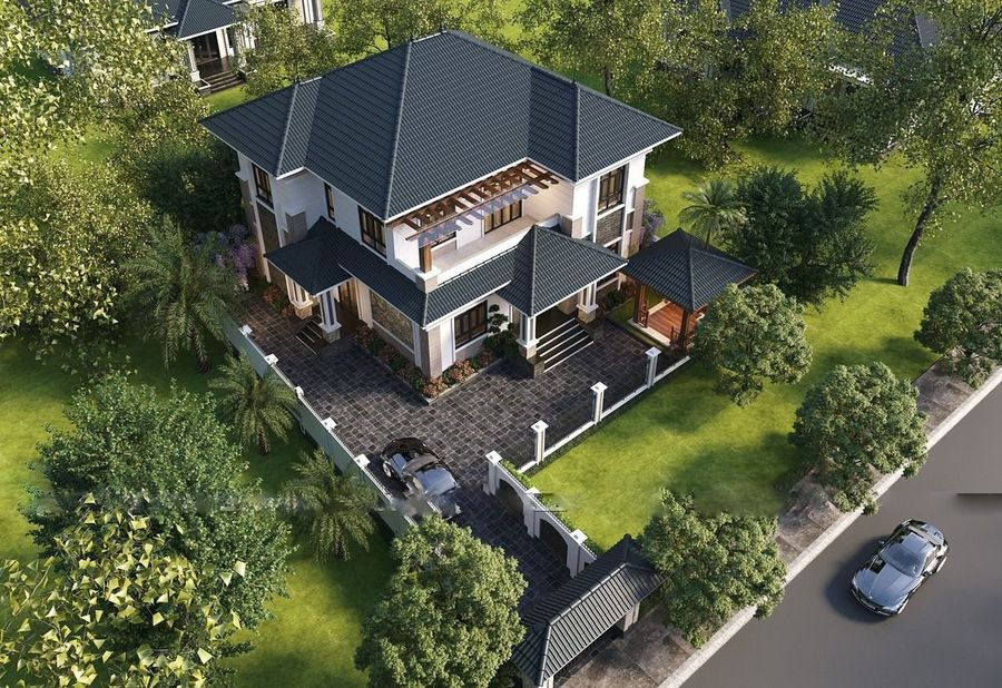 Mẫu thiết kế nhà mái Nhật 2 tầng đẹp xuất sắc, được ưa chuộng năm 2024 1 nha mai nhat 2 tang la su ket hop truyen thong xen hien dai