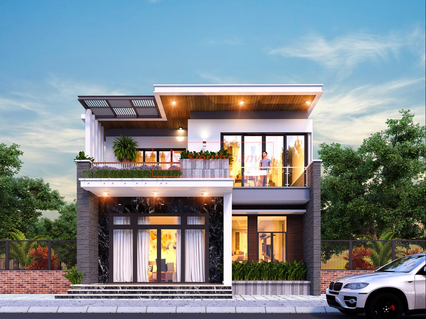 Nhà vuông 2 tầng mái bằng hiện đại có chi phí thiết kế xây dựng thấp Nhà vuông 2 tầng mái bằng hiện đại có chi phí thiết kế xây dựng thấp