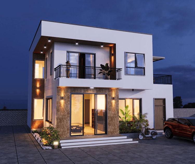 Nhà vuông 2 tầng mái bằng thường dùng hình khối vuông vức để tạo nên sự mạnh mẽ Nhà vuông 2 tầng mái bằng thường dùng hình khối vuông vức để tạo nên sự mạnh mẽ