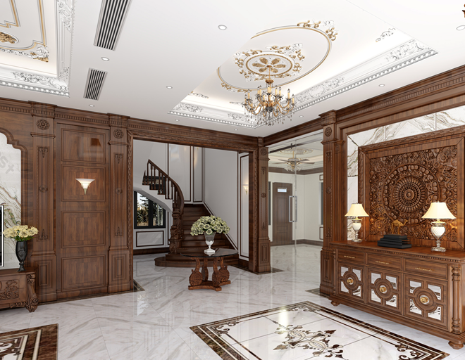 Biệt Thự Gỗ Óc Chó: Sang Trọng Với Chất Liệu Tự Nhiên Cao Cấp 5 Phong cách cổ điển với chạm khắc tinh xảo tạo nên không gian quý phái và xa hoa.