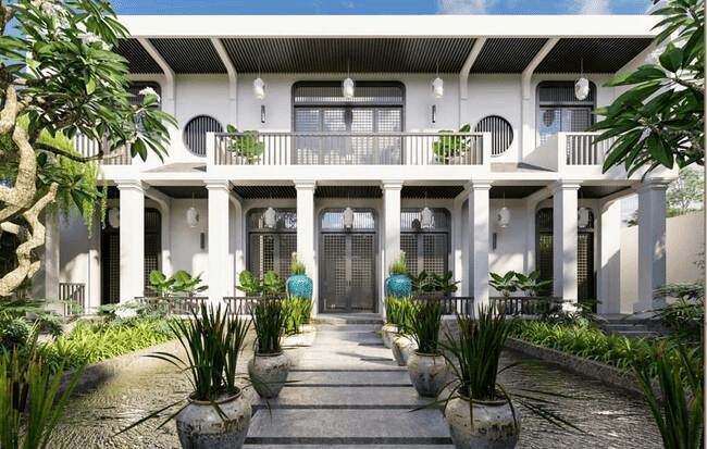 Các mẫu nhà phố Indochine đẹp, sang trọng, hiện đại nhất 2024 7 san vuon theo loi kien truc nha pho indochine co nhieu yeu to thien nhien thoang dang